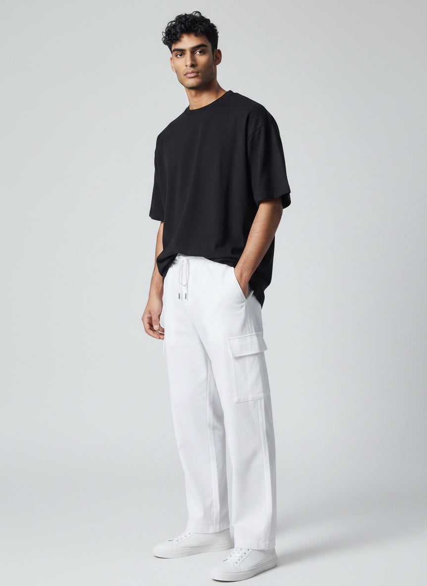 Comfortable men's straight leg casual pants. Breathable, versatile multi-pocket design with drawstring for daily wear.