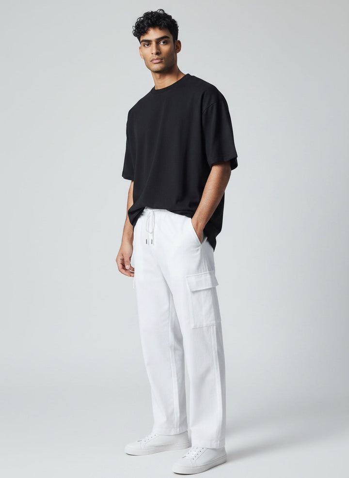 Comfortable men's straight leg casual pants. Breathable, versatile multi-pocket design with drawstring for daily wear.