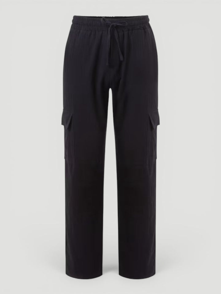 Men's versatile multi-pocket casual pants. Breathable, straight leg, and comfortable with a drawstring.