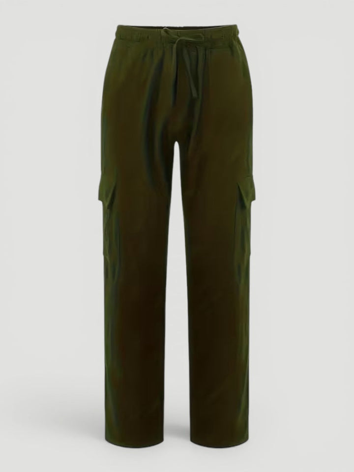 Spring/summer men's breathable casual pants. Multi-pocket design, comfortable straight leg & drawstring closure.
