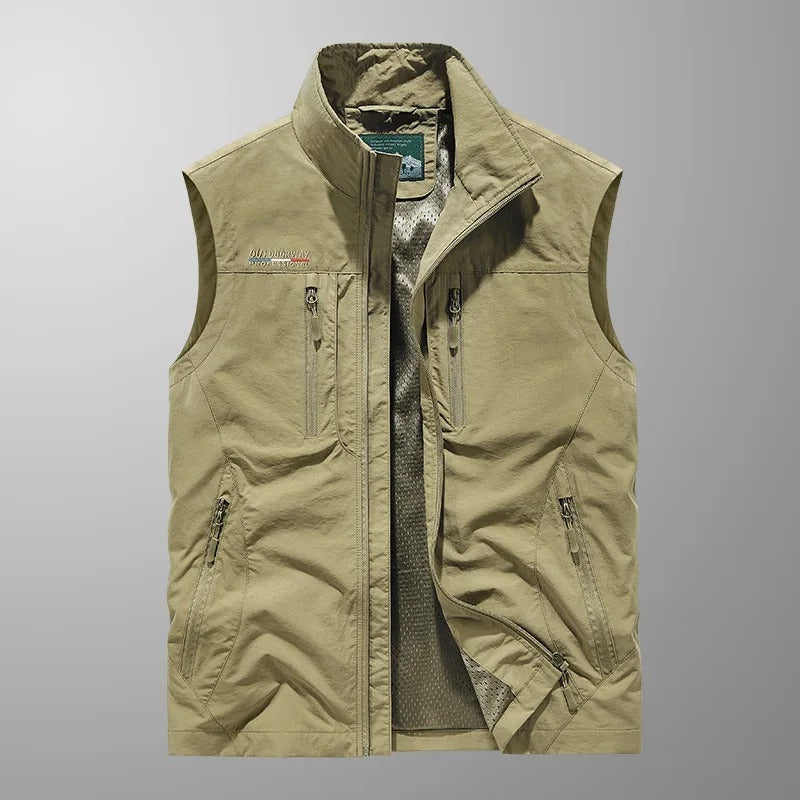 Versatile men's travel vest with ample cargo space, a must-have for any active journey.