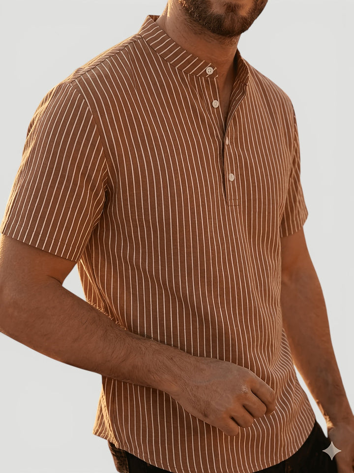 Versatile striped henley men's shirt, lightweight & breathable, short sleeve for a cool summer casual look.
