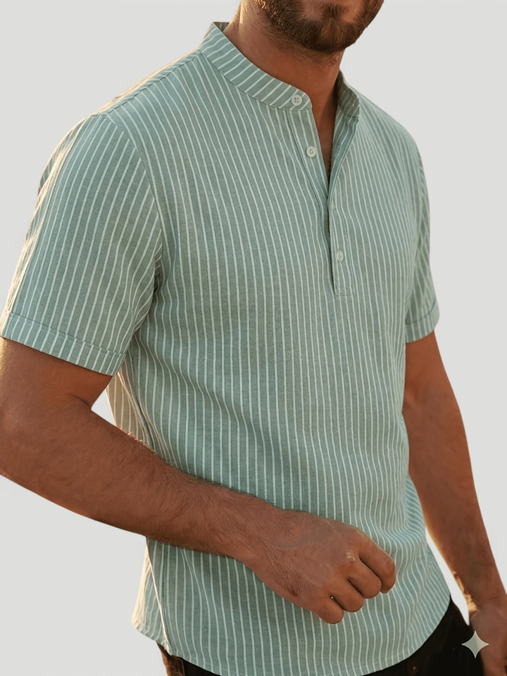 Striped men's breathable summer shirt, short sleeve henley design, relaxed fit for everyday casual style.