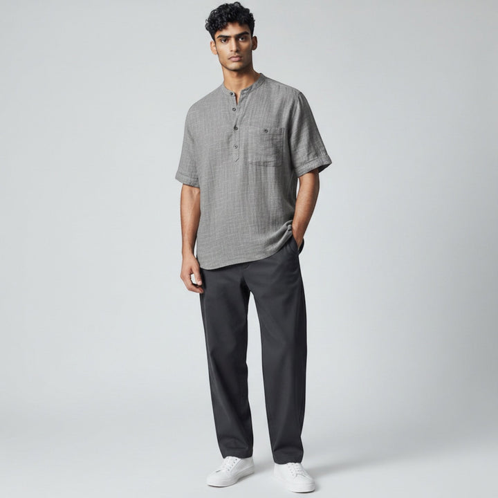 Stylish men's short sleeve summer shirt, v-neck design, ensuring breathable comfort.