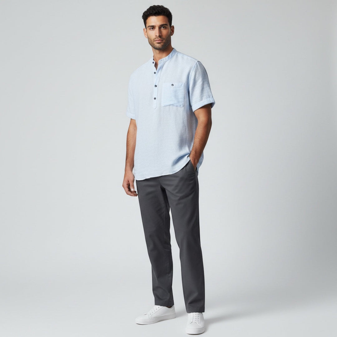 Front view of a men's lightweight, breathable short sleeve shirt, perfect for summer.