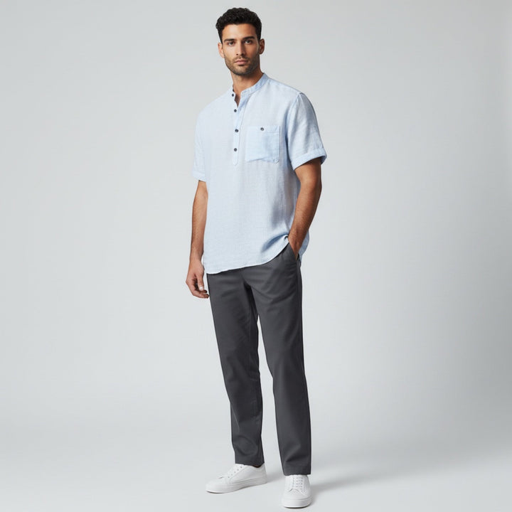 Front view of a men's lightweight, breathable short sleeve shirt, perfect for summer.
