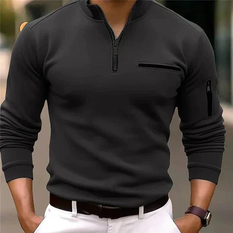 Close-up of the zipper and collar on a men's casual zip-up sweater.