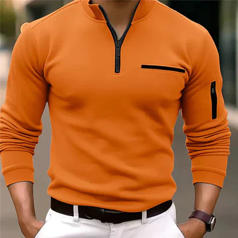 Man wearing a comfortable men's zip-up sweater with pockets, styled for daily outings.