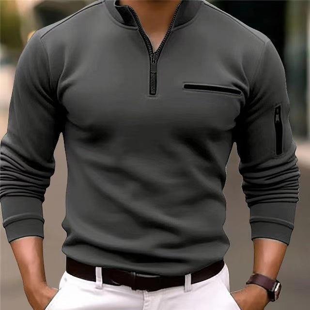 Detailed shot showcasing the soft fabric and practical pockets of a men's zip sweater.