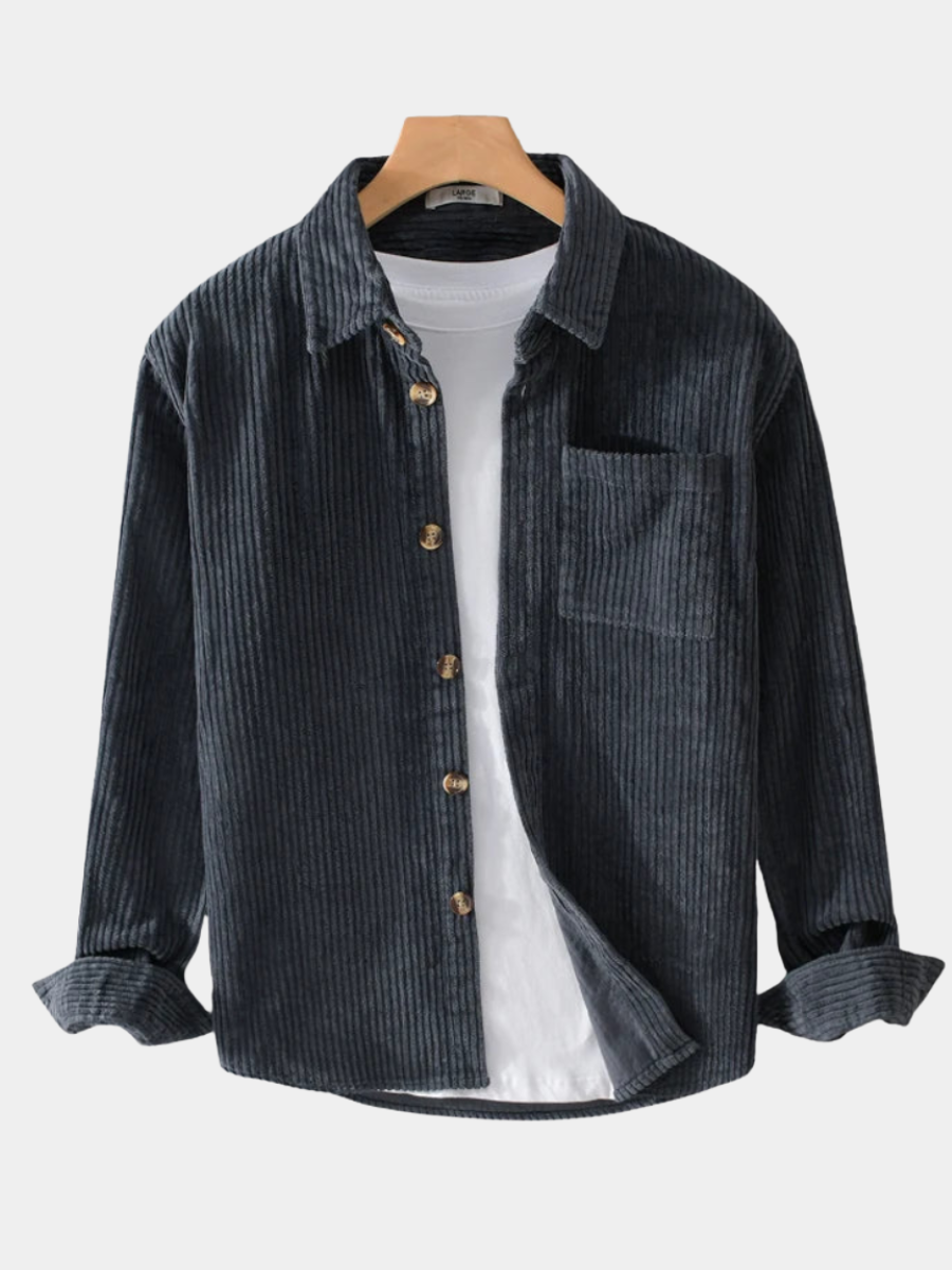 Men's brown corduroy long sleeve button-down shirt for casual fall wear.