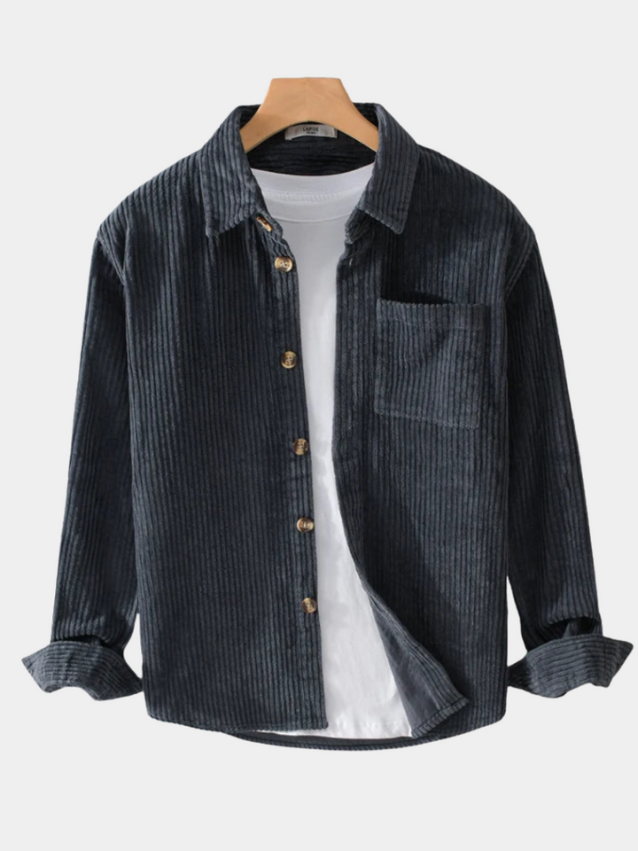 Men's brown corduroy long sleeve button-down shirt for casual fall wear.