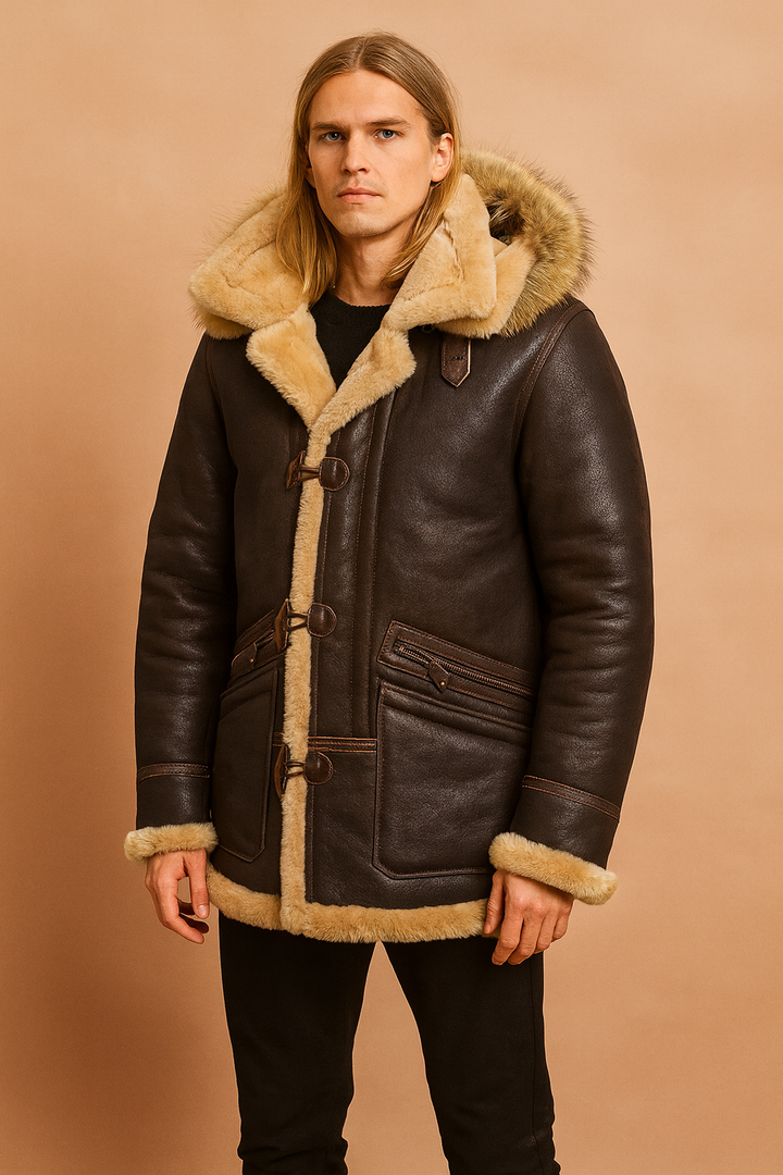 Men's brown insulated winter hooded jacket with faux fur trim and durable outer shell.