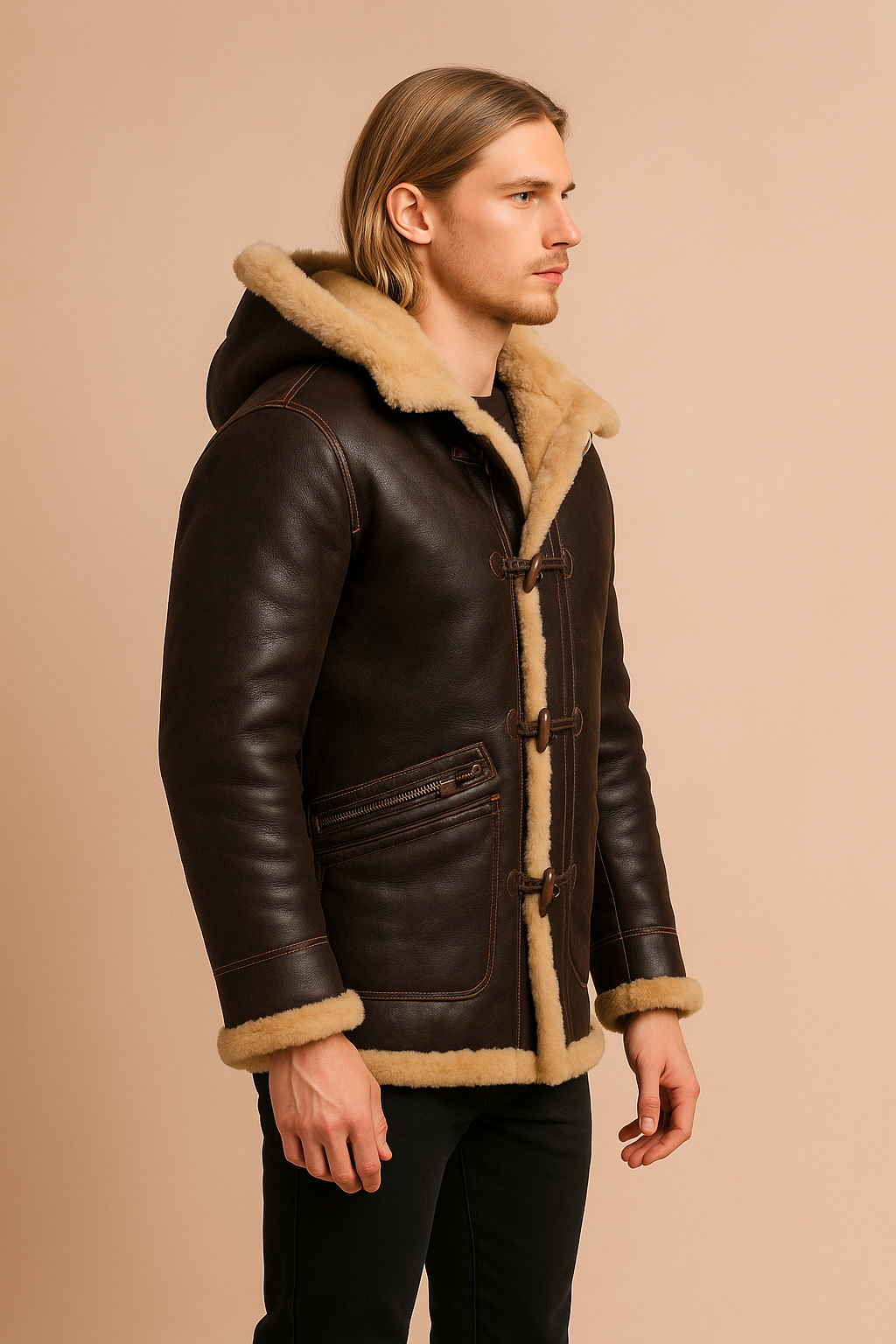 Stylish men's cold weather hooded jacket featuring warm insulation and a luxurious fur-trimmed hood.