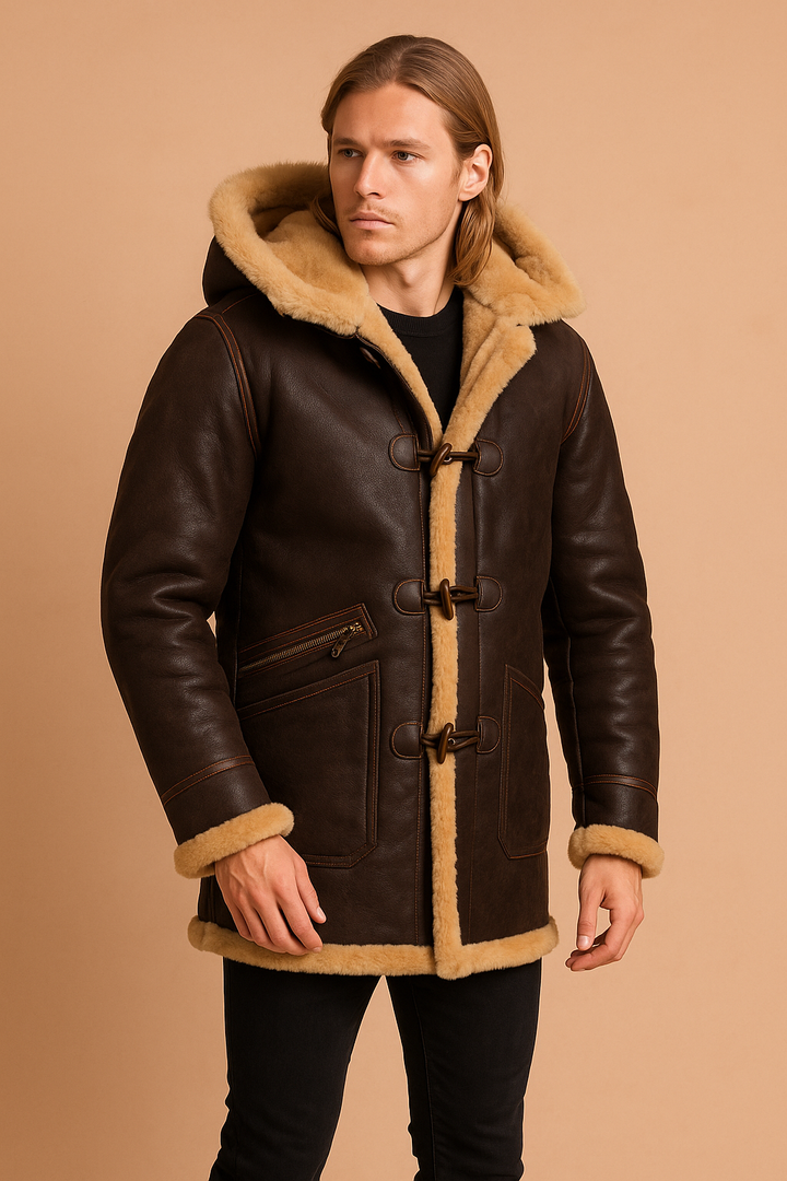 Close-up of men's winter jacket showing the soft insulation and detailed fur trim on the hood.
