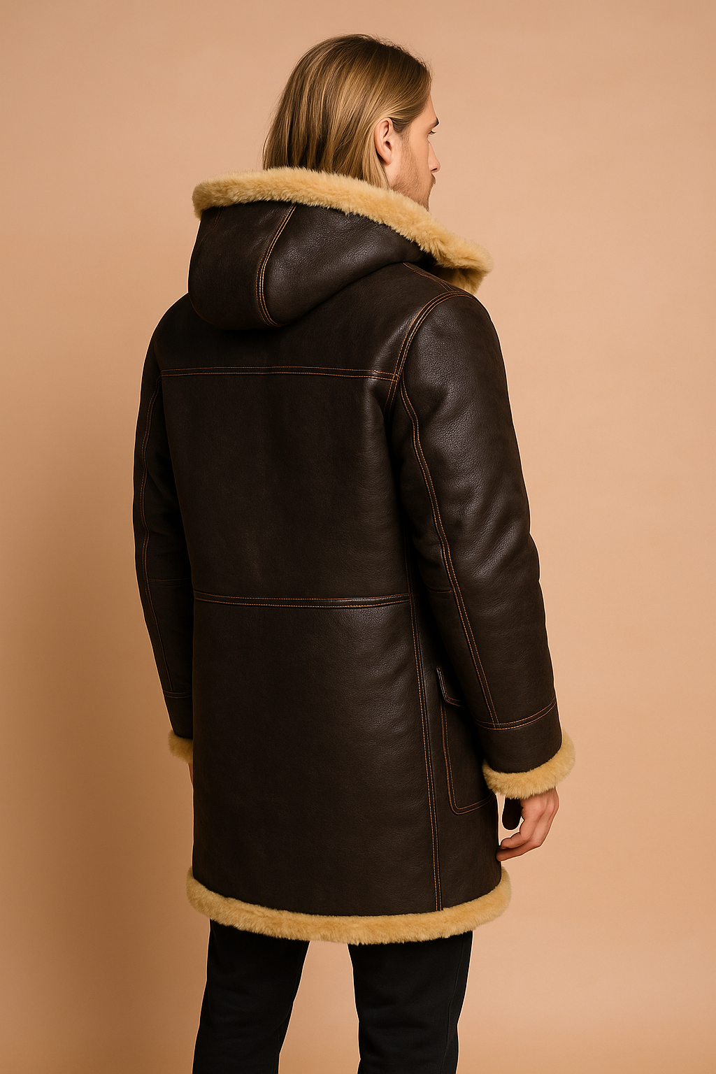 Men's fashion outerwear: a warm, hooded, insulated brown jacket perfect for chilly winter days.