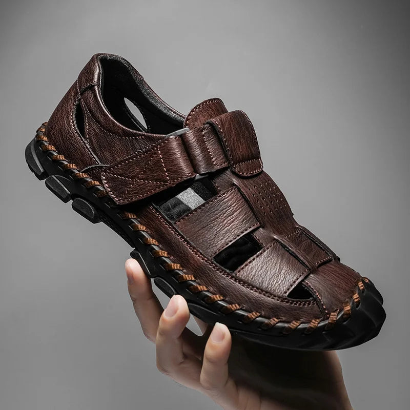 Men's brown leather fisherman sandals with adjustable hook-and-loop strap