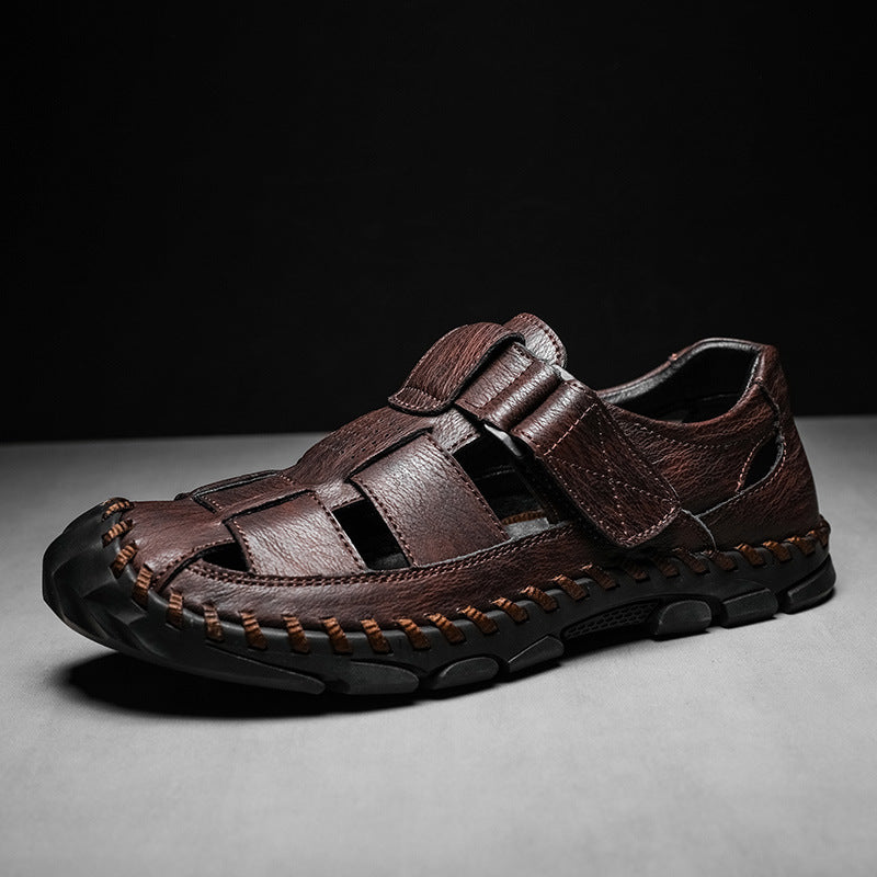 Close-up of the durable non-slip sole on men's leather fisherman sandals