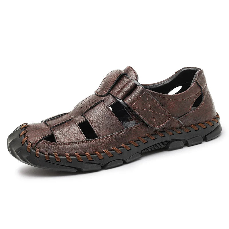 Man wearing casual men's leather fisherman sandals for outdoor activities