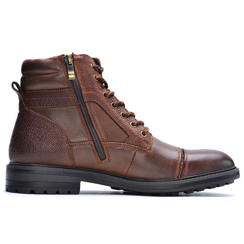 Men's brown leather lace-up boots with side zip for versatile casual or work wear.