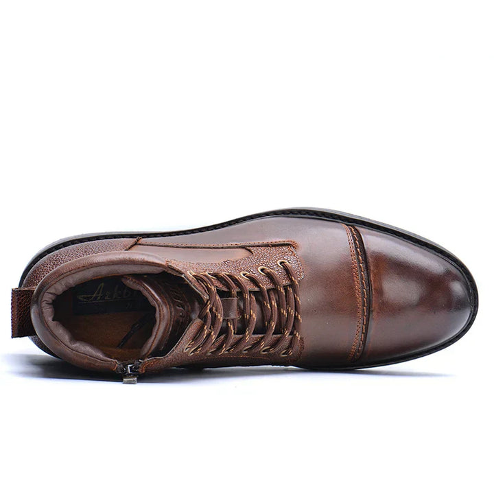 Side zip and lace-up design on men's brown leather boots for easy on and off.
