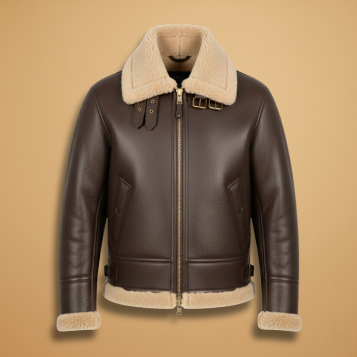 Men's brown sherpa lined bomber jacket with stylish buckle collar and classic design.