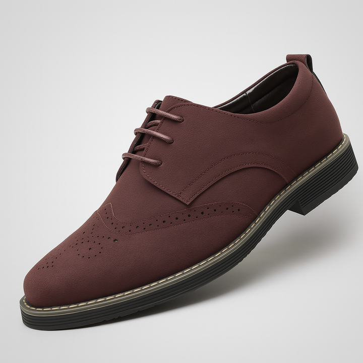 Men's brown suede Oxford brogue shoes for smart casual or business wear.