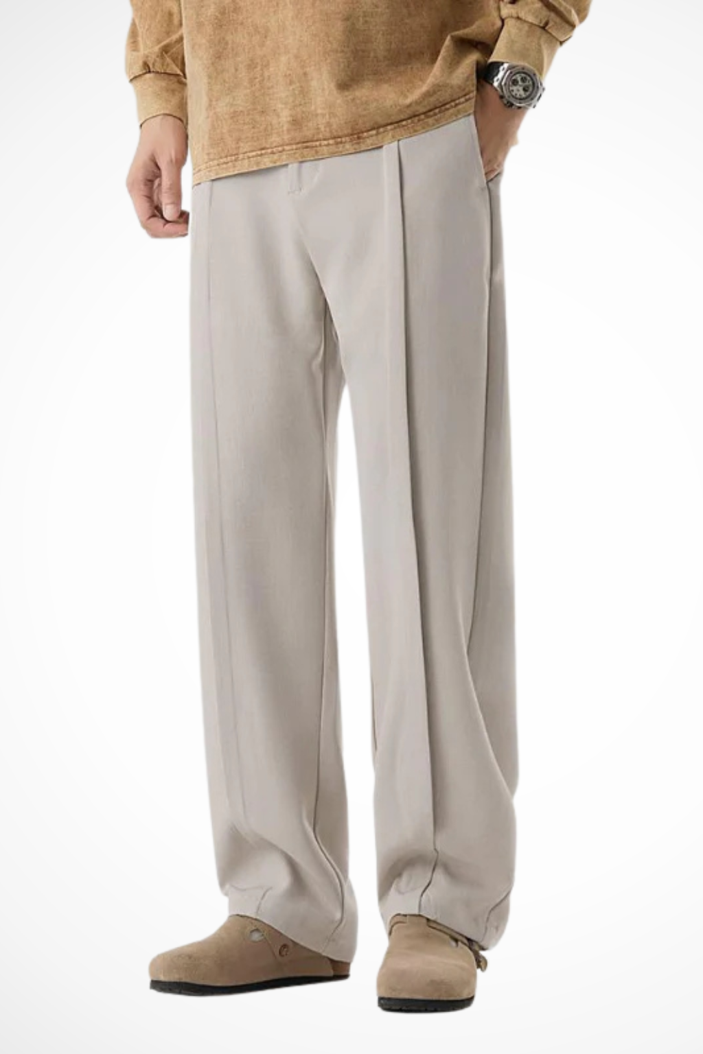 Men's formal black pants with elegant front pleats and wide leg