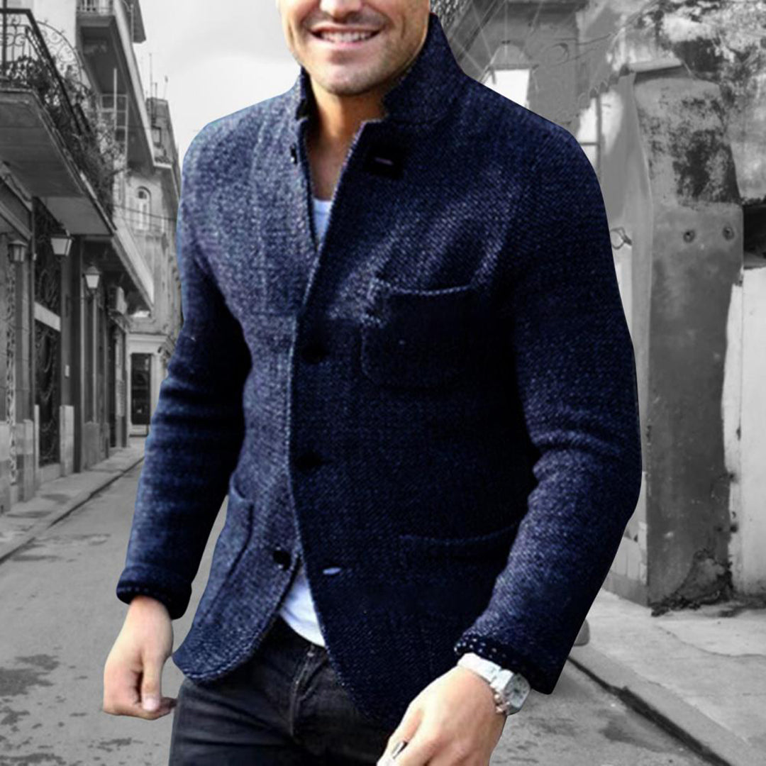 Versatile men's casual button-down jacket, stand collar, ideal for smart casual or everyday outerwear.