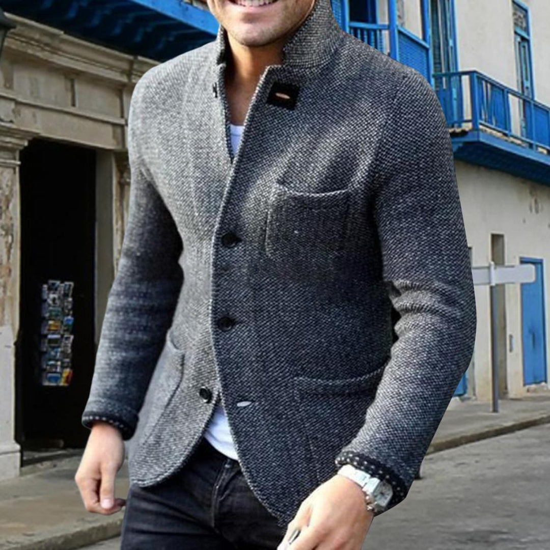 Men's button-down casual jacket with stand collar & front pockets. Stylish and comfortable outerwear.