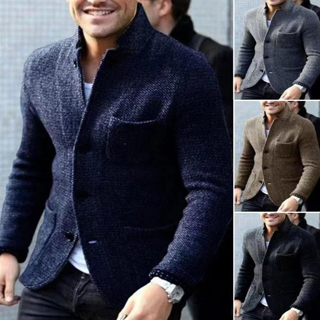 Everyday wear men's casual jacket, button-down front, stand collar. A smart casual outerwear essential.