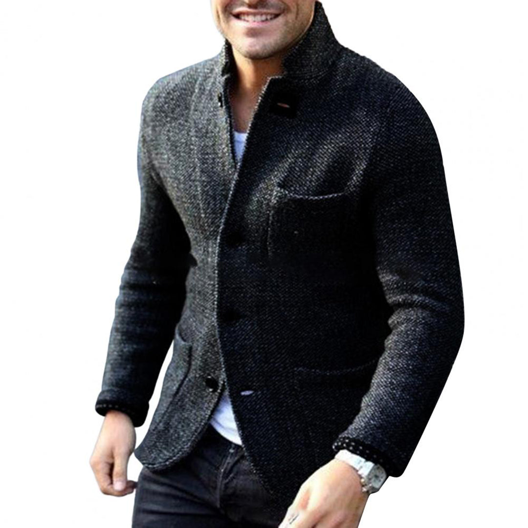 Smart casual men's jacket with button-down closure & stand collar. Versatile everyday outerwear.