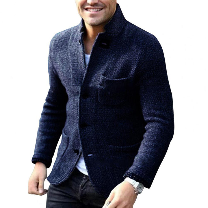 Men's button-down jacket featuring a stand collar & practical front pockets. Stylish casual outerwear.