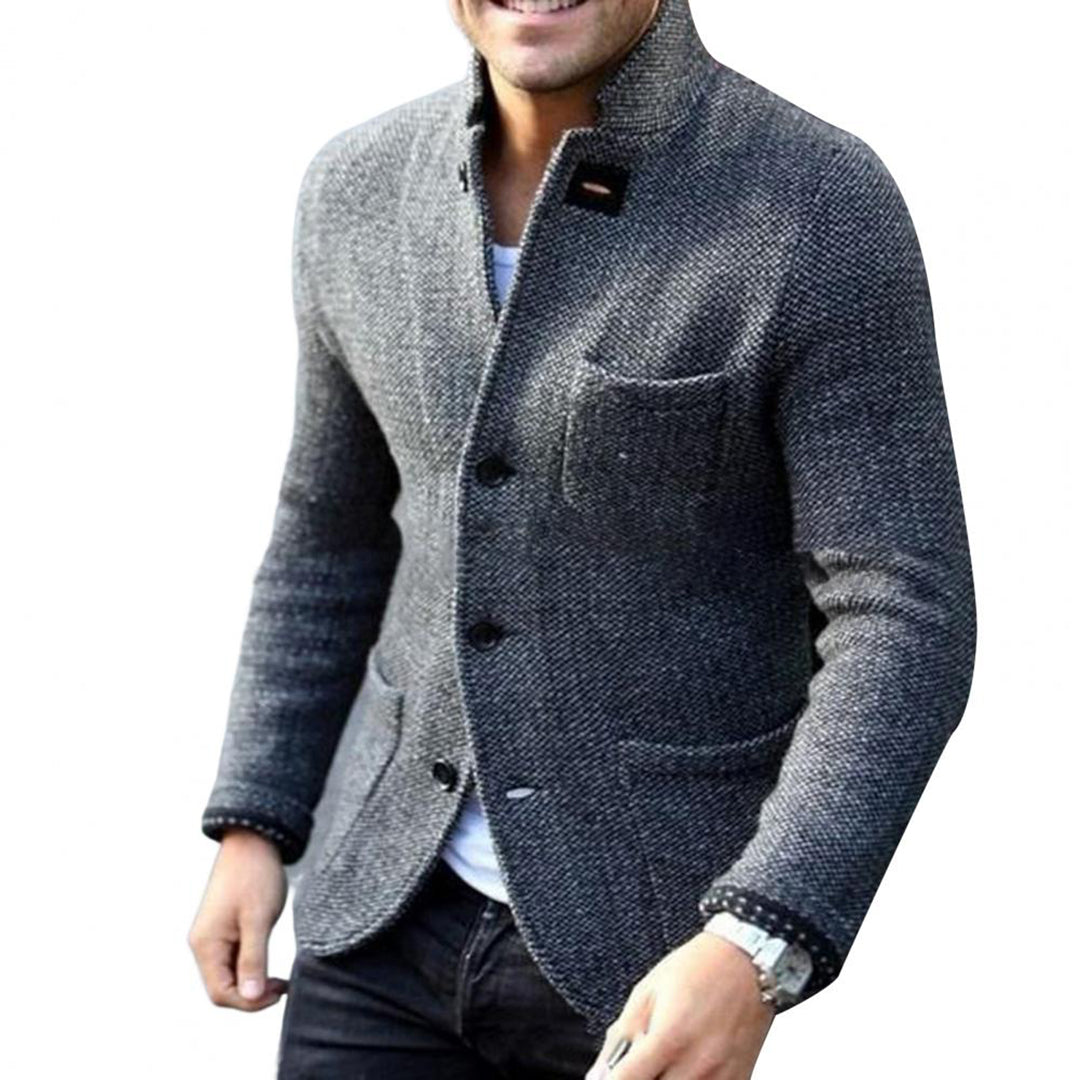 Classic men's button-down casual jacket, stand collar. Essential men's outerwear for smart casual looks.