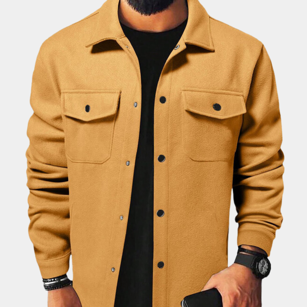 Close-up of a men's button-down jacket, highlighting texture and buttons, perfect for men's autumn fashion.