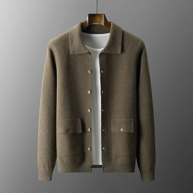 Men's button-down sweater cardigan. Collared, versatile smart casual layering for fall/winter fashion.