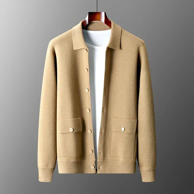 Stylish men's button-down cardigan sweater. Effortless smart casual wear, perfect for layering during fall.