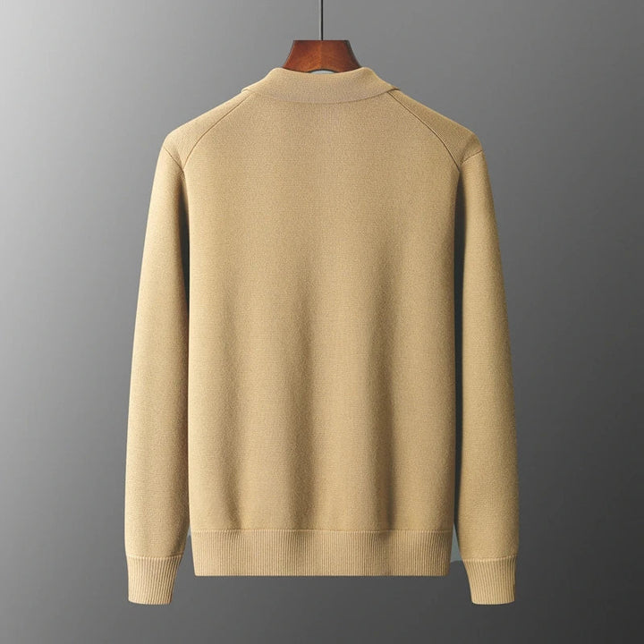 Collared men's button-down cardigan. Versatile sweater for smart casual or everyday fall & winter layering.