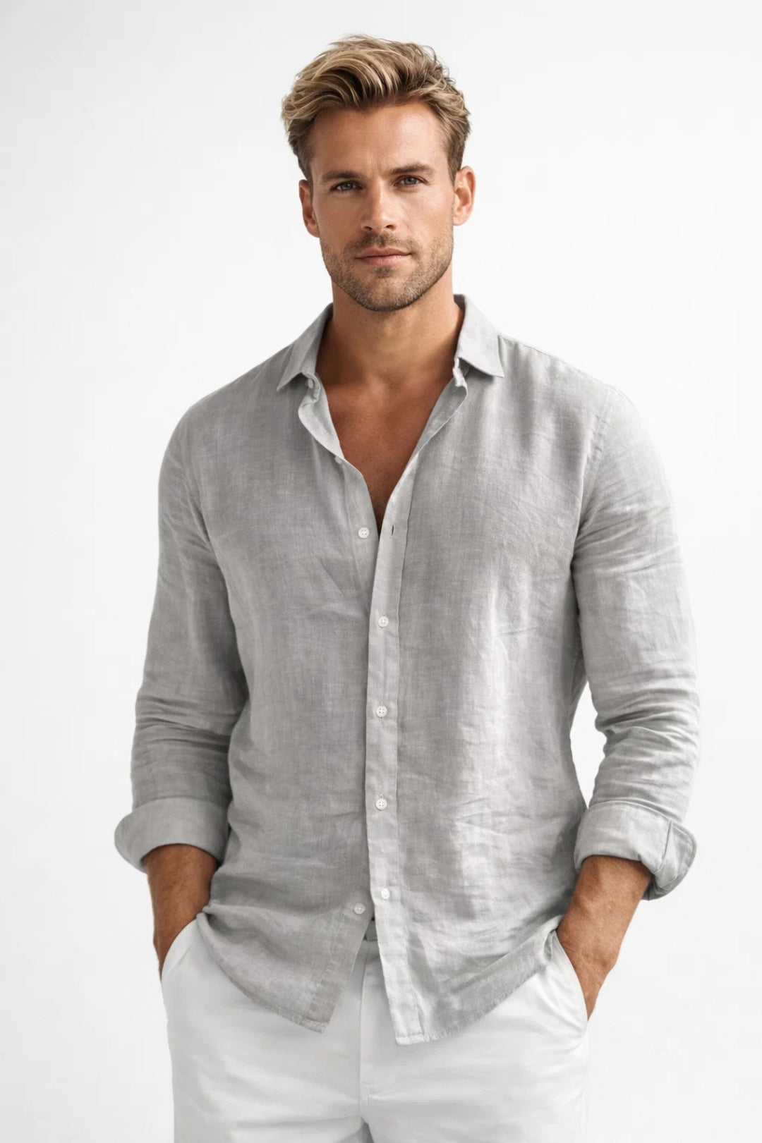Men's button-front long sleeve shirt, perfect for casual everyday wear or versatile layering in spring/summer.