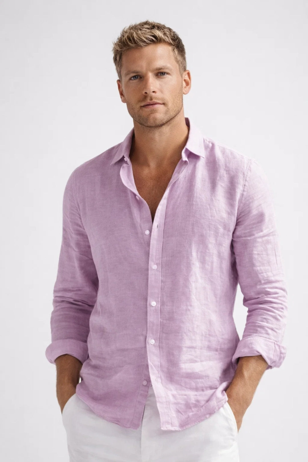 Casual men's long sleeve button-front shirt for spring and summer, featuring a relaxed fit for everyday comfort.