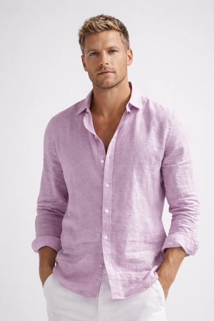 Casual men's long sleeve button-front shirt for spring and summer, featuring a relaxed fit for everyday comfort.