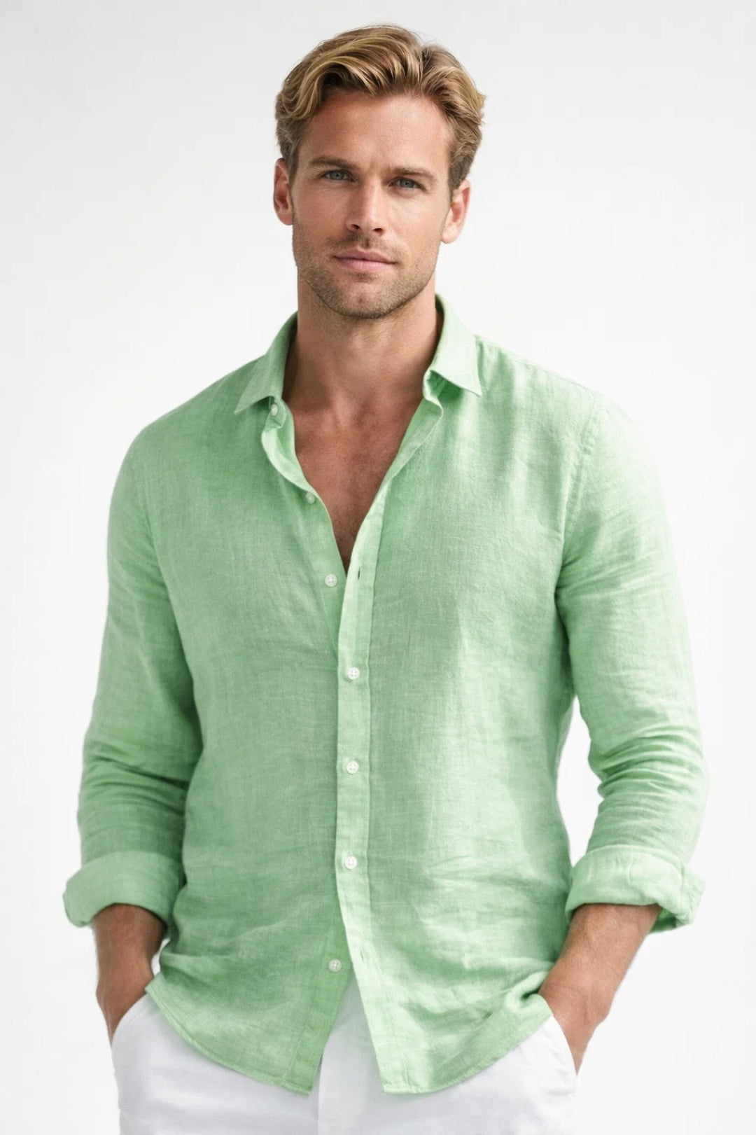 Stylish men's button-front long sleeve shirt, a versatile everyday top for relaxed casual wear in warm weather.