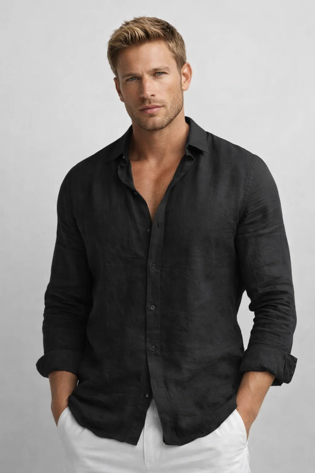 Effortless men's long sleeve button-front shirt. A versatile, relaxed-fit top for spring & summer casual wear.
