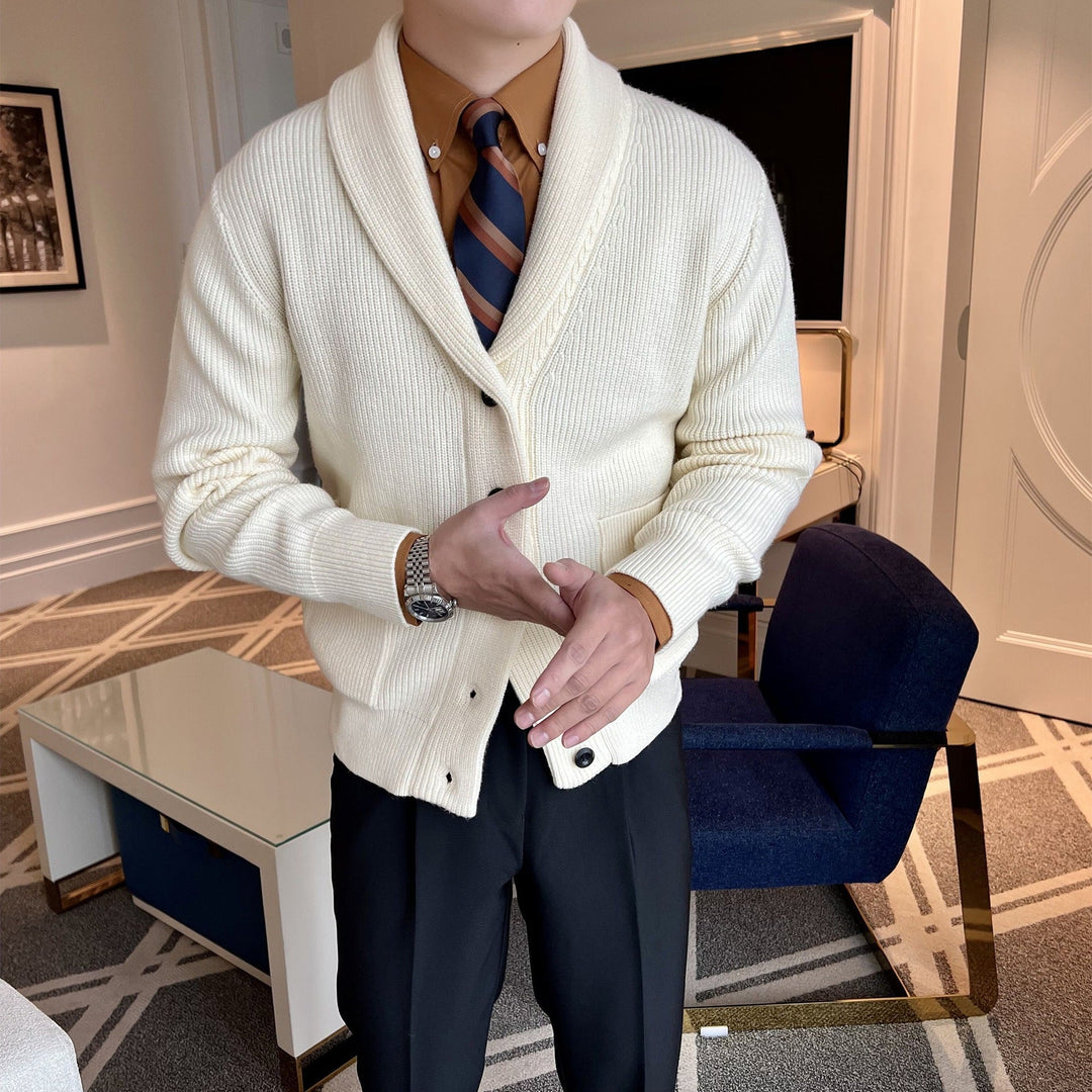 Men's button-front shawl collar knit jacket for stylish layering. Comfortable casual cardigan outerwear.