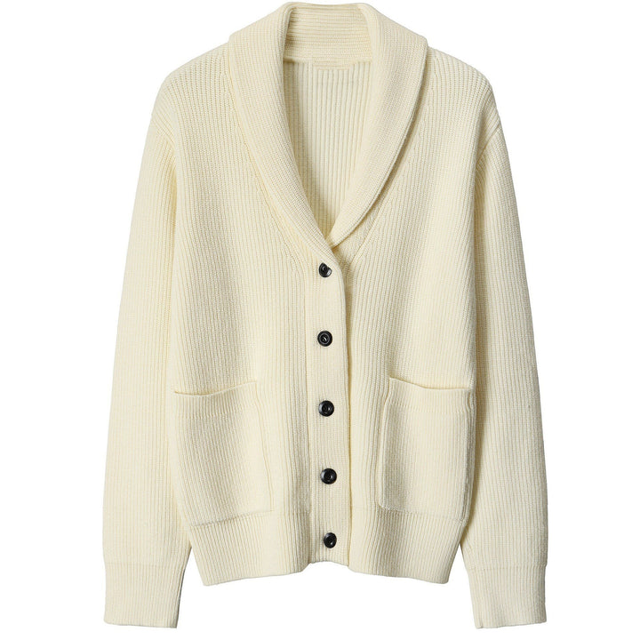 Stylish men's shawl collar knit cardigan. Button-front sweater perfect for comfortable, versatile layering.