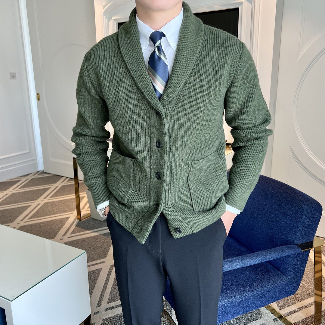 Comfortable men's knit cardigan featuring a button-front design and elegant shawl collar, great for layering.