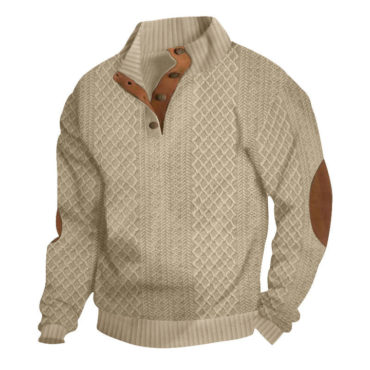 Men's cable knit mock neck sweater with button placket, perfect for winter and casual style.