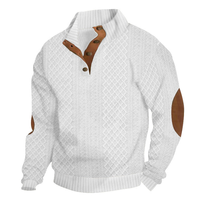 Relaxed fit men's cable knit sweater with mock neck, button placket, and stylish elbow patches.