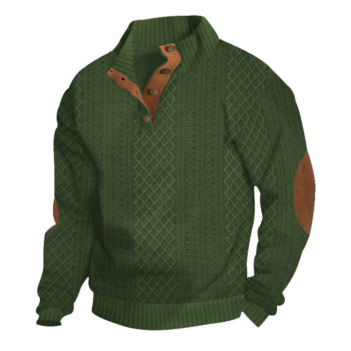 Warm men's cable knit mock neck sweater, long sleeve, button placket, essential men's winter fashion.