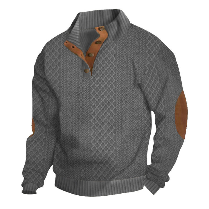 Stylish men's cable knit sweater, mock neck, button placket, long sleeve, ideal for casual winter wear.