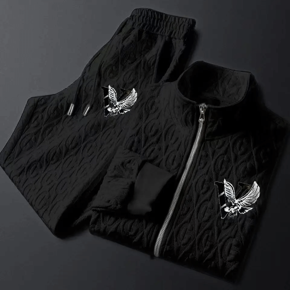 Stylish men's cable-knit full-zip jacket and matching tracksuit pants, ideal for activewear or fall casual style.